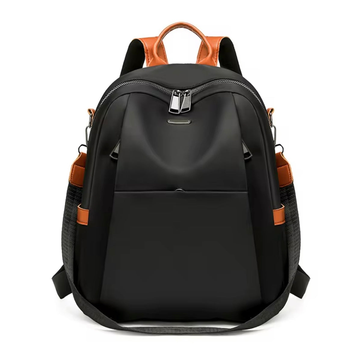 Derin Backpack svart ryggsäck framifrån med orange detaljer, dubbla dragkedjor och framficka.