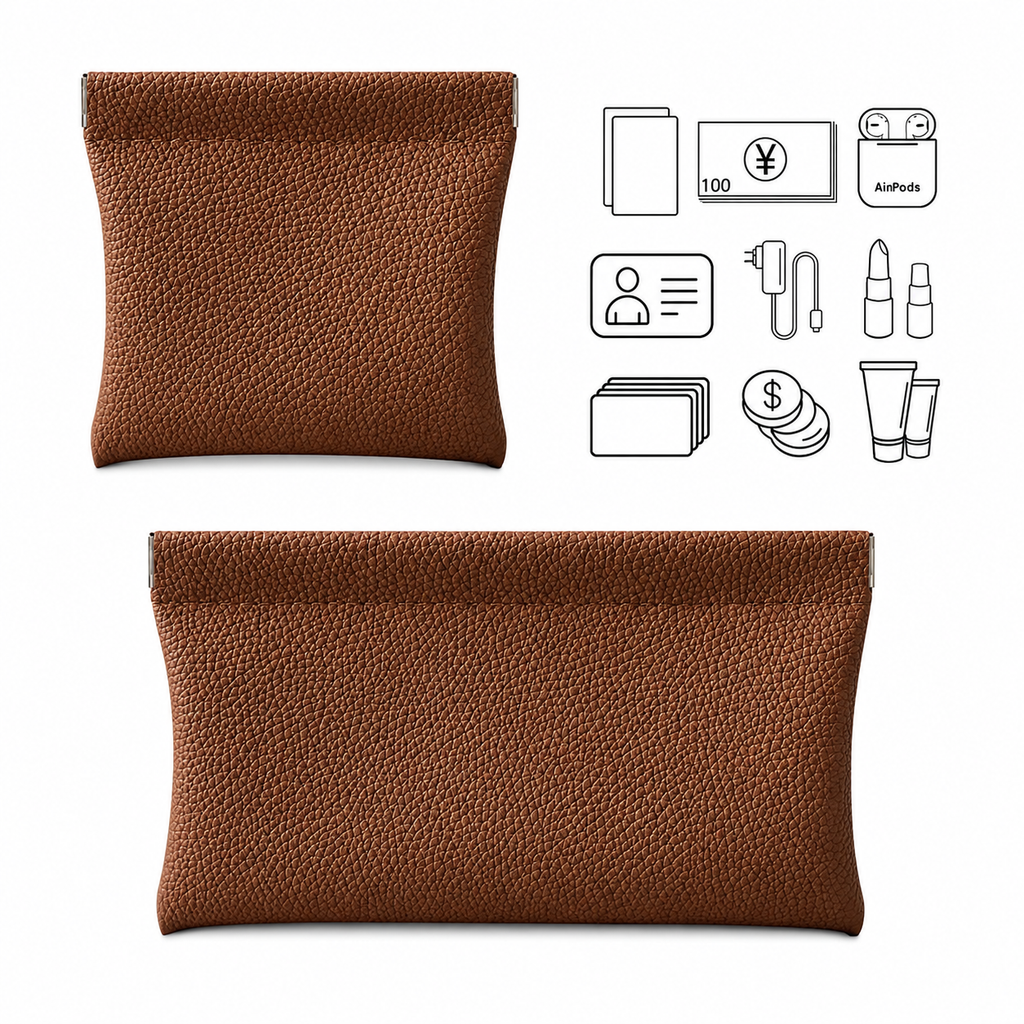 Brun pouch i mini och större storlek för förvaring av smycken, hörlurar, mynt och andra små tillhörigheter.