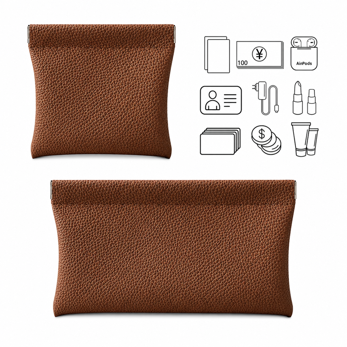 Brun pouch i mini och större storlek för förvaring av smycken, hörlurar, mynt och andra små tillhörigheter.